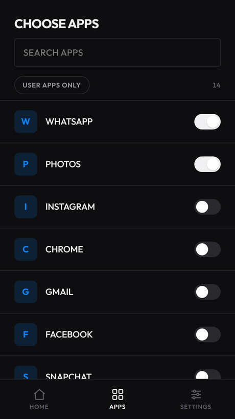 The app picker: every installed app with a lock toggle