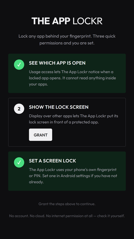 Setup: three permissions, each explained in plain words