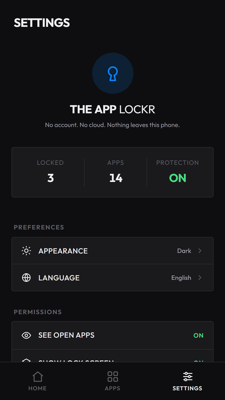 Settings: theme, 8 languages, and every permission visible at a glance
